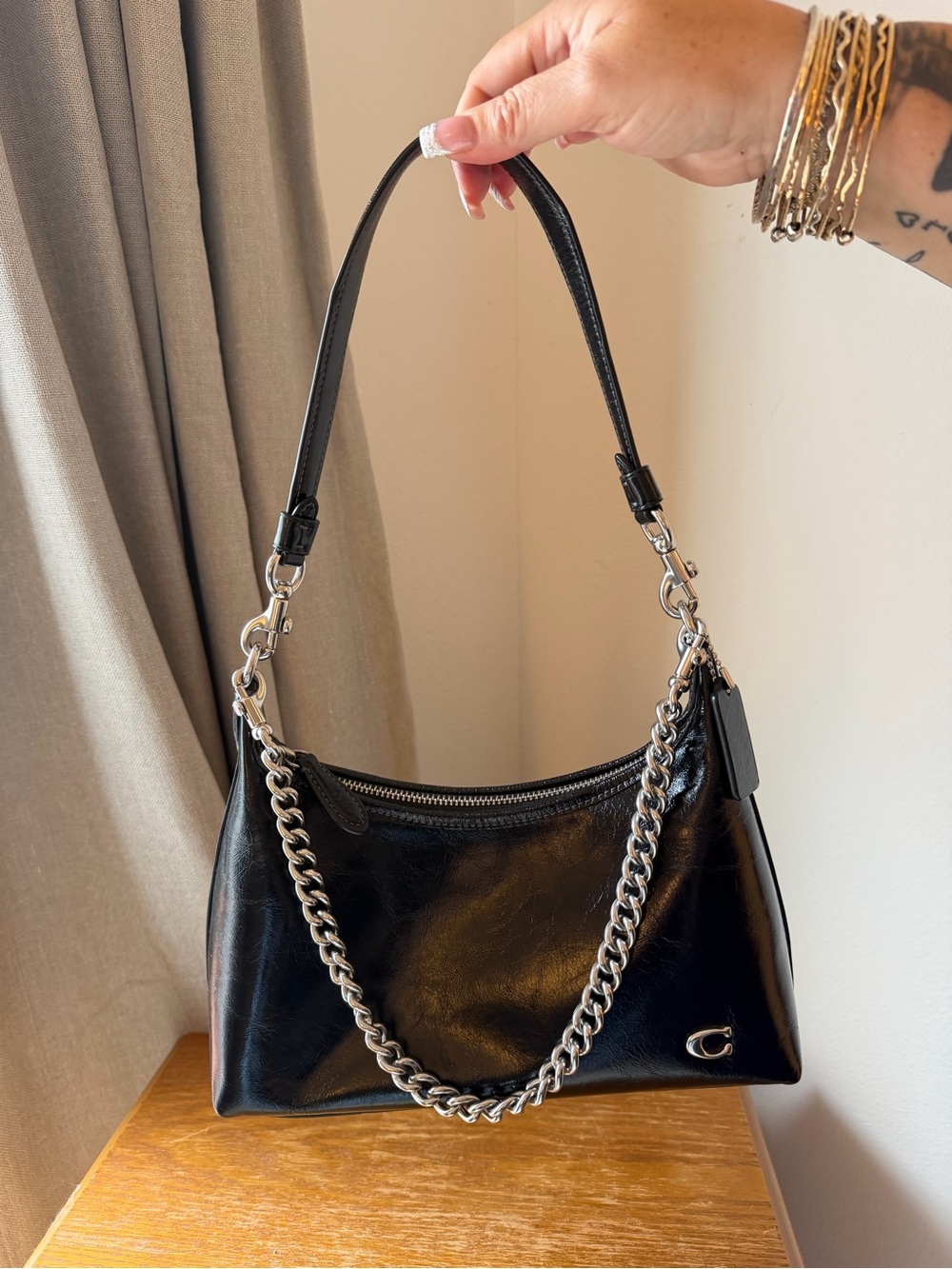 Coach Juliet Black Glazed Leather Shoulder Bag with Silver Chain
